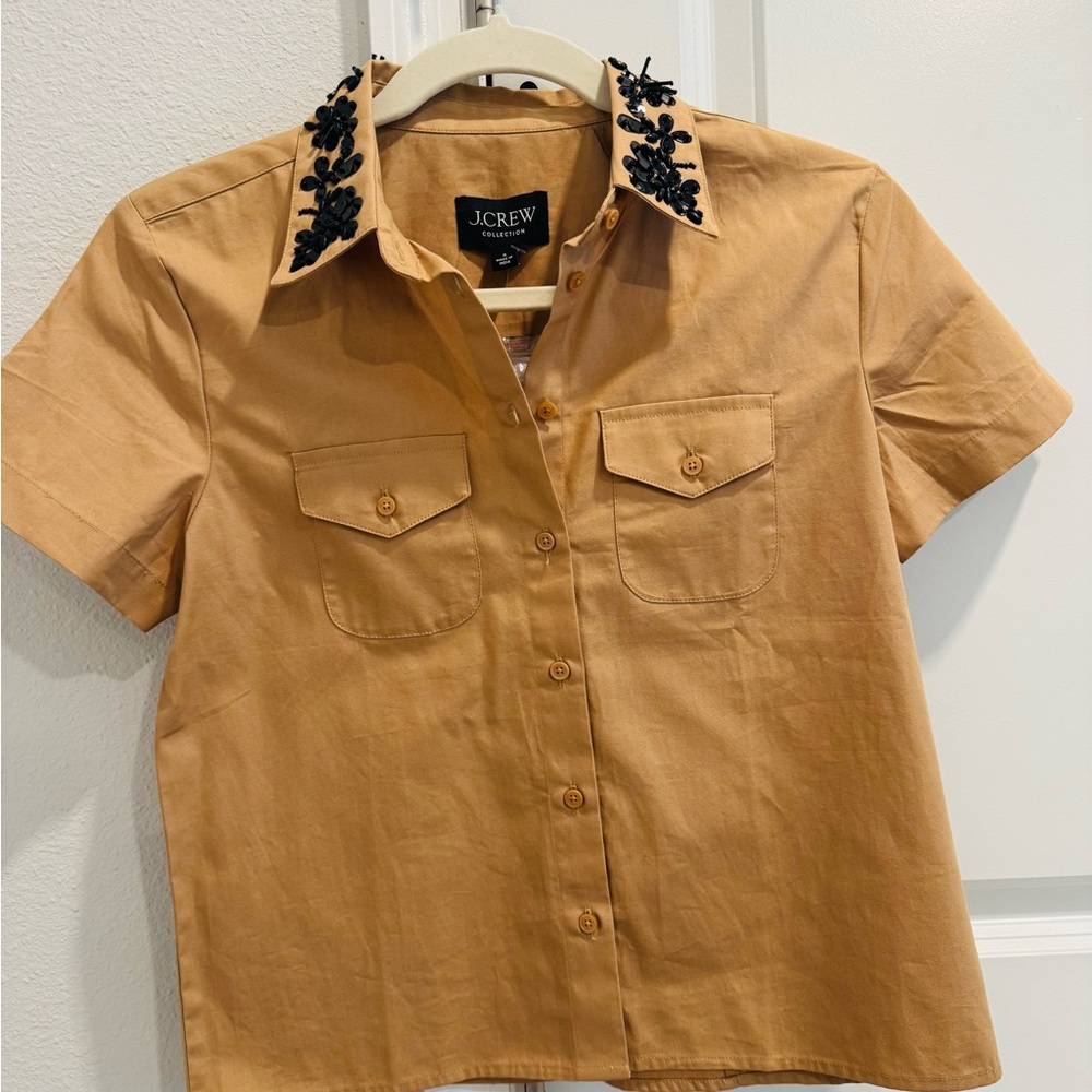 J.Crew Camel Shirt with Black Floral Embellishments NEW